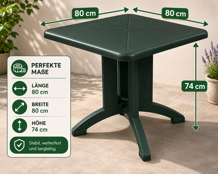 Quadratischer Gartentisch mit Maßen: Länge 80 Zentimeter, Breite 80 Zentimeter, Höhe 74 Zentimeter. Stabil und wetterfest.