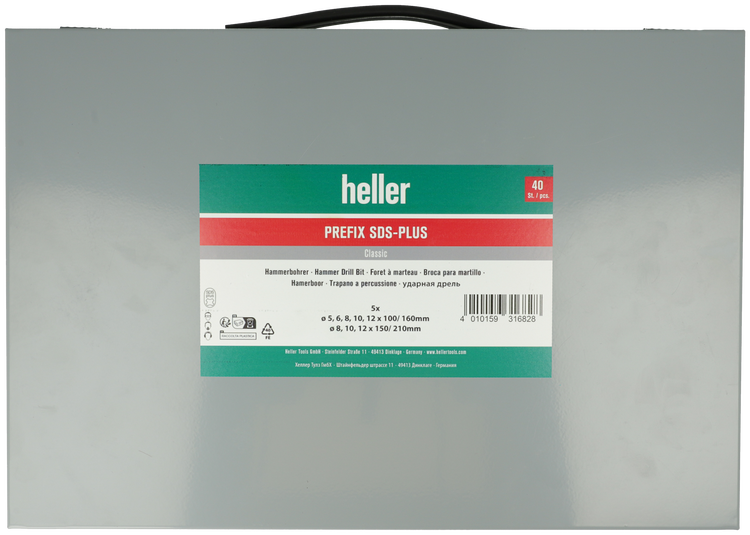Heller Hammerbohrer SDS-plus Set 40-tlg. Prefix je 5 Stück a Ø5,6,8,10,12x100/160,Ø8,10,12x150/210 mm - 1 Set