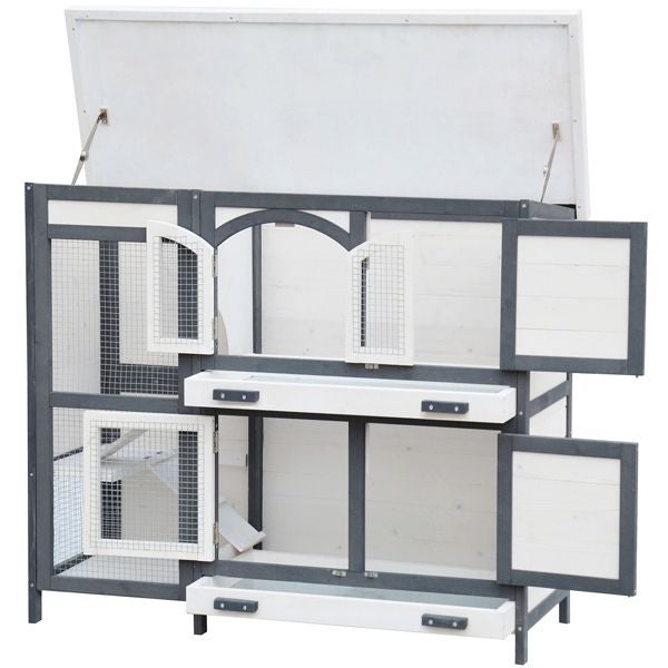 Zweistöckiger Kleintierstall aus Holz mit aufklappbarem Dach, ausziehbaren Bodenwannen, Gittertüren und einer integrierten Rampe.