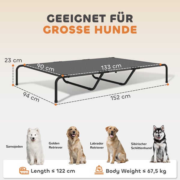 Erhöhte Hundeliege für große Hunde, 152 mal 94 mal 23 Zentimeter, belastbar bis 67,5 Kilogramm, für Hunde bis 122 Zentimeter Länge geeignet.