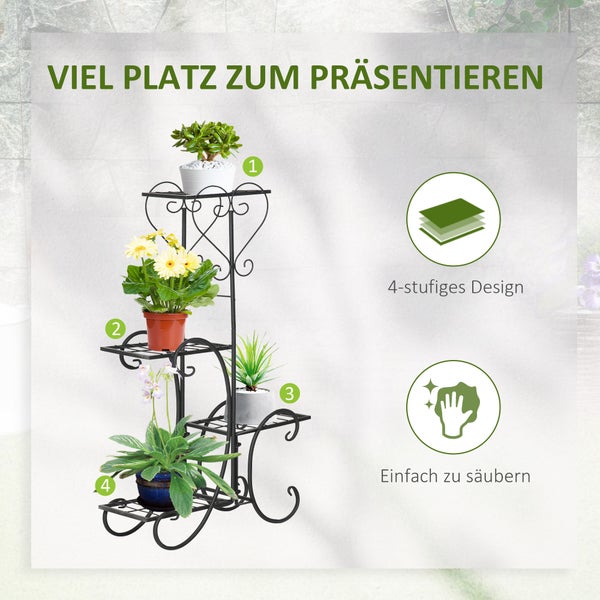 Outsunny Blumenständer Blumenregal aus Metall 4 Ebenen Pflanzenregal Blumentreppe Blumenständer für innen und außen Garten Balkon Schwarz 45 x 24,5 x 80 cm