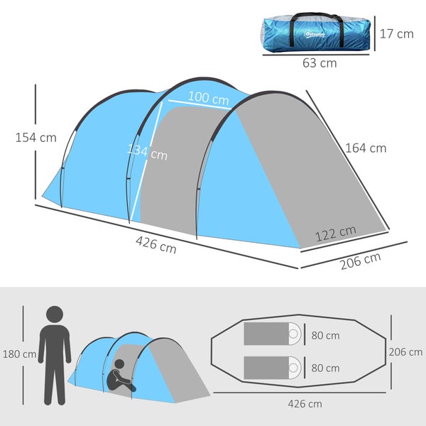 Outsunny Campingzelt, für 2-3 Personen, 190T Tunnelzelt Campingzelt mit Heringen, Glasfaser, Polyester, 426 x 206 x 154 cm, Hellblau
