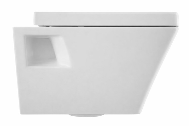 Wand-WC aus weißer Keramik in rechteckiger Form mit WC-Sitz, Seitenansicht.