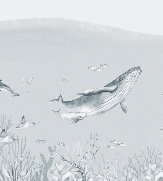 Illustration einer Unterwasserwelt mit Walen, Delfinen, Fischen und Korallen