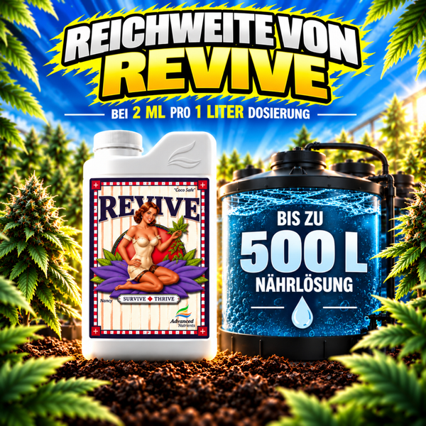Advanced Nutrients Revive Pflanzennährstoff Flasche mit Dosierungshinweis für bis zu 500 Liter Nährlösung in einem Garten.