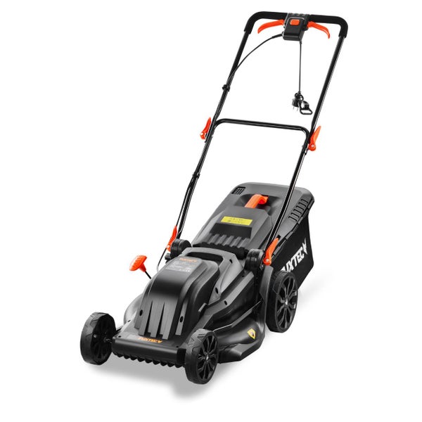 Fuxtec Elektro-Rasenmäher mit Fangkorb und ergonomischem Führungsholm.