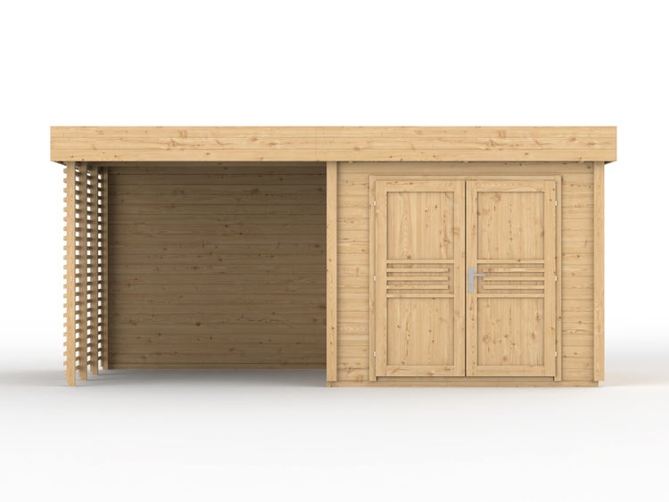 Gartenhaus aus Holz mit Flachdach, Doppeltür und offenem Anbau mit Lamellenwand.
