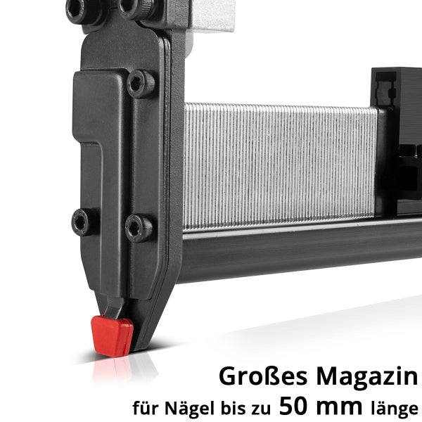 Detailansicht eines Nagelgeräts mit großem Magazin für Nägel bis zu 50 mm Länge.