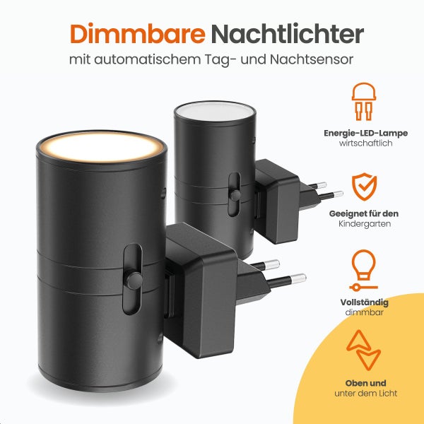Goliving Nachtlichtsockel - 2 Stück - Steckerleuchten - 10,7 x 9,3 cm - Erwachsene - obere und untere Beleuchtung - dimmbar - Tag- und Nachtsensor - Steckerleuchte - Schwarz