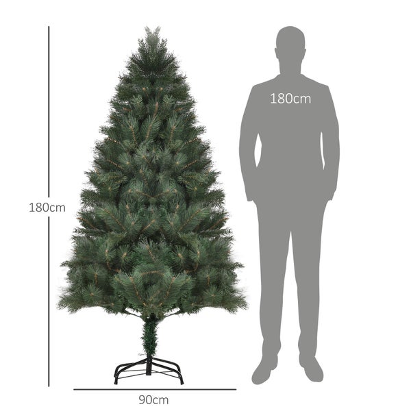 Künstlicher Weihnachtsbaum, Höhe 180 Zentimeter, Breite 90 Zentimeter, im Größenvergleich zu einer Person.