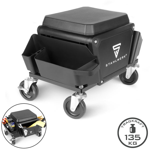 STAHLWERK Werkstatthocker mit Rollen, Sitzfläche und Aufbewahrungskörben