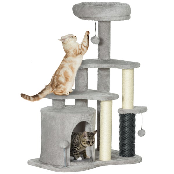 PawHut Kratzbaum 87 cm Katzenbaum mit Katzenhöhle, Bett, Spielbälle, Katzenkratzbaum mit Sisal-Kratzsäulen, für Katzen bis 5 kg, Hellgrau