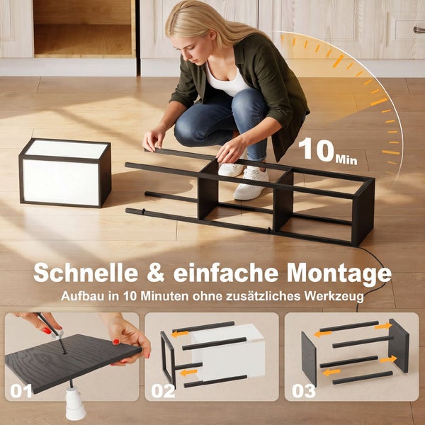 Montage eines Holzregals. Grafische Darstellung der werkzeuglosen Montage in drei Schritten mit einer Zeitangabe von 10 Minuten.