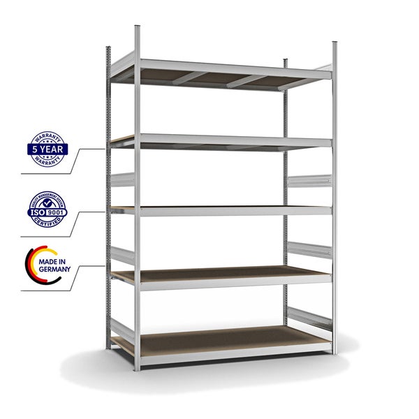 PROREGAL Weitspannregal Stecksystem T-Profil Grundregal HxBxT 300x200x80 cm 5 Ebenen Spanplatten Fachboden Fachlast 350 kg Verzinkt