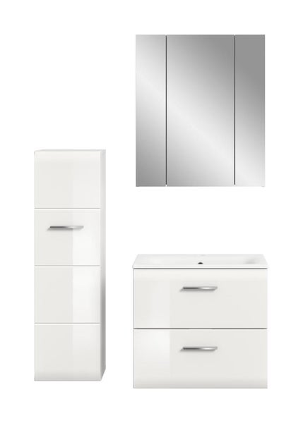 Badezimmermöbel-Set: Weißer Hochglanz-Waschbeckenunterschrank mit Waschbecken, dreitüriger Spiegelschrank und ein Hochschrank.
