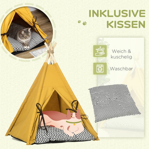 PawHut Tipi Zelt für Haustiere, Katzenzelt mit abnehmbar und waschbar Kissen, Katzenhaus mit rutschfestem Boden, Spielball, für Katzen unter 5kg, Mini Hunde, 60 x 60 x 76 cm, Gelb