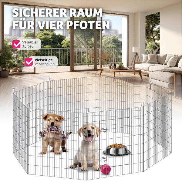 Hundelaufstall mit zwei Welpen, Futternapf und Spielzeug in einem hellen Wohnzimmer