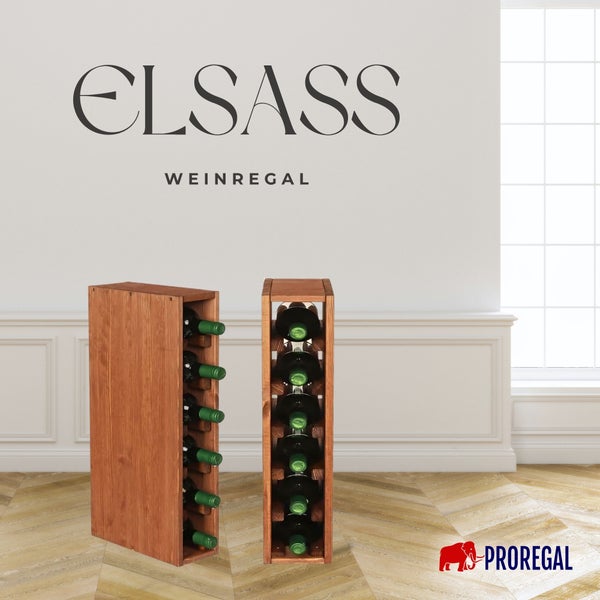 Proregal Weinregal Elsass aus Holz für sechs Flaschen, stehend im Raum mit Parkettboden.
