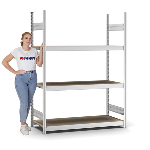 PROREGAL Weitspannregal Stecksystem T-Profil Grundregal HxBxT 200x150x50 cm 3 Ebenen Spanplatten Fachboden Fachlast 350 kg Verzinkt