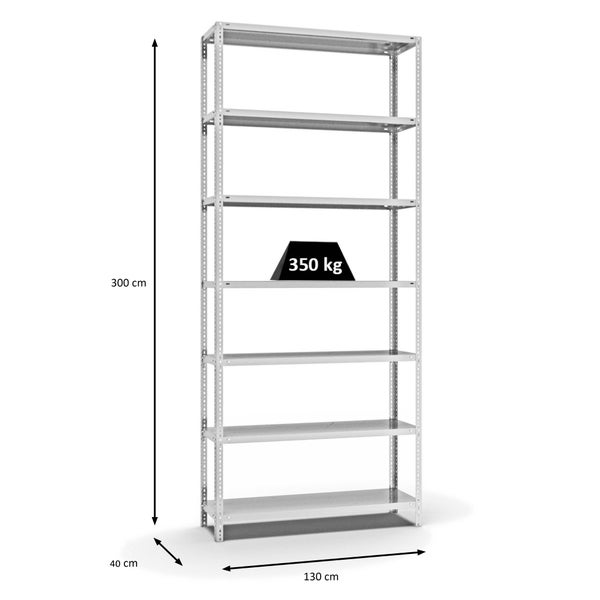 PROREGAL Fachbodenregal Schraubsystem Heavy-Duty Grundregal HxBxT 300 x 130 x 40 cm 7 Ebenen Fachlast 350 kg Beidseitig Nutzbar Lichtgrau