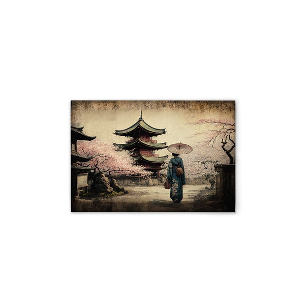 Japanisches Pagoden-Wandbild mit Kirschblüten und Frau mit Schirm