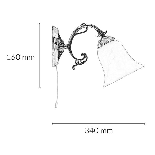 Abmessungen einer Wandleuchte: Höhe 160 mm, Ausladung 340 mm.