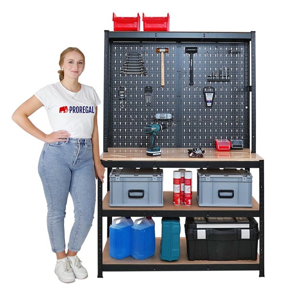 PROREGAL Mega Deal 4x Profi Werkbank GIANT BEAST mit Lochwand HxBxT 180x120x60cm Fachlast 175kg inkl. Werkzeughalter Set Schwarz Arbeitstisch