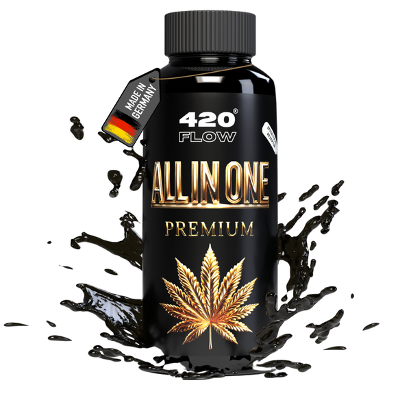 Flasche 420 Flow All In One Premium Dünger mit spritzender Flüssigkeit und Made in Germany Siegel