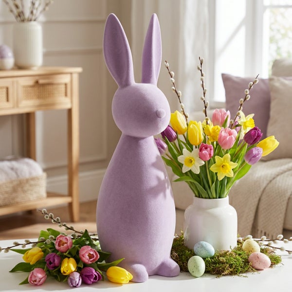Osterdekoration mit einem großen Osterhasen als Aufstellfigur, kombiniert mit einem Tulpenstrauß in einer Vase und Oster-Eiern als Tischdeko.