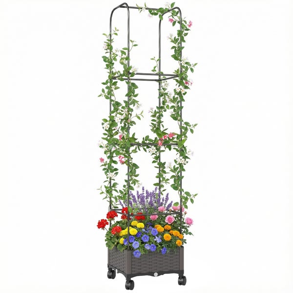 Mobiler Pflanzkasten mit Rankhilfe aus Metall und Rollen, bepflanzt mit Blumen und Kletterpflanzen.