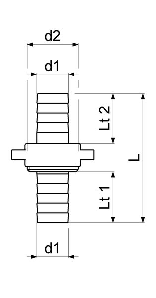 Technische Zeichnung eines Schlauchverbinders mit zwei Schlauchtüllen und Bemaßungen für Durchmesser d1, d2 sowie Längen L, Lt 1 und Lt 2.