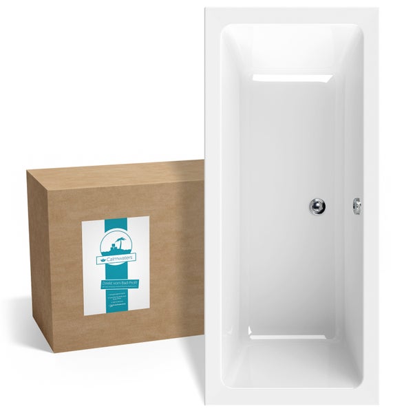 Rechteckige Badewanne mit Ab- und Überlauf neben einem Versandkarton mit Calmwaters Logo.