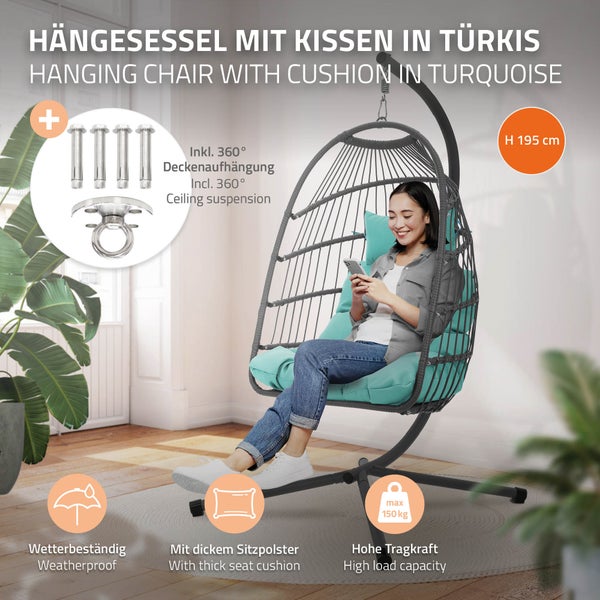 ECD Germany Hängesessel mit Gestell und Kissen + Deckenhalterung, Türkisgrün, Rattan-Optik, Stahl, höhenverstellbar & faltbar, Indoor/Outdoor, Hängestuhl Hängekorb Hängeschaukel Hängesitz, für Garten