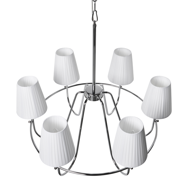 Kronleuchter mit sechs weißen Stoffschirmen und verchromtem Metallgestell.