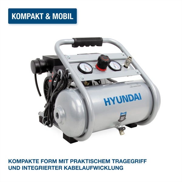Kompakter Hyundai Druckluftkompressor mit Tragegriff, Manometern und integrierter Kabelaufwicklung.
