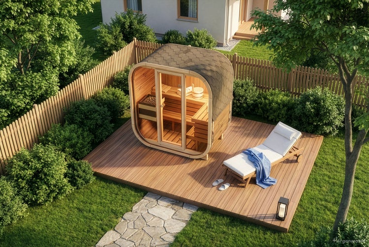 Moderne Fasssauna aus Holz auf einer Holzterrasse in einem Garten mit Liegestuhl und Holzzaun.