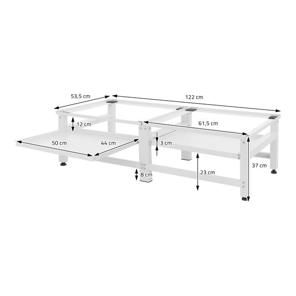 ML-Design Doppel Waschmaschinen-Untergestell mit 2 ausziehbaren Ablagen, Weiß, aus Stahl, bis 2x 150kg+10 kg, verstellbare Füße, Waschmaschinensockel 2-Fach, Doppeluntergestell Doppelpodest Erhöhung
