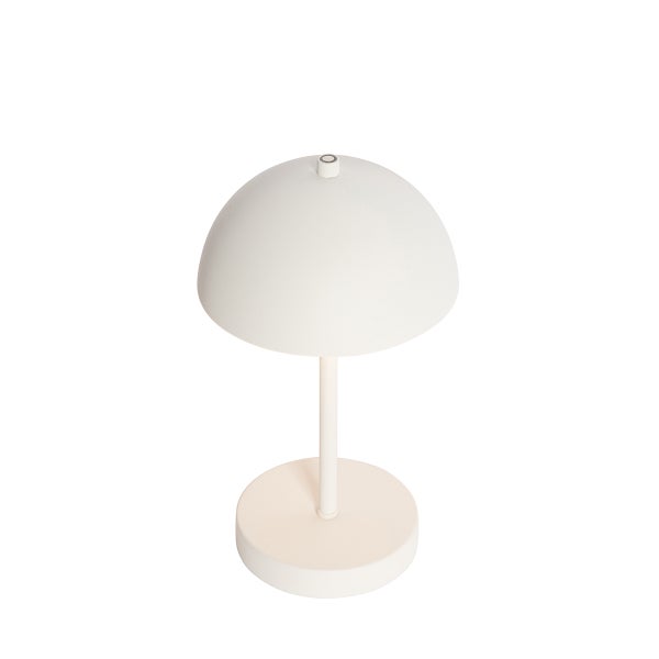 Weiße Tischleuchte mit halbkugelförmigem Schirm, rundem Sockel und Tastschalter an der Oberseite.