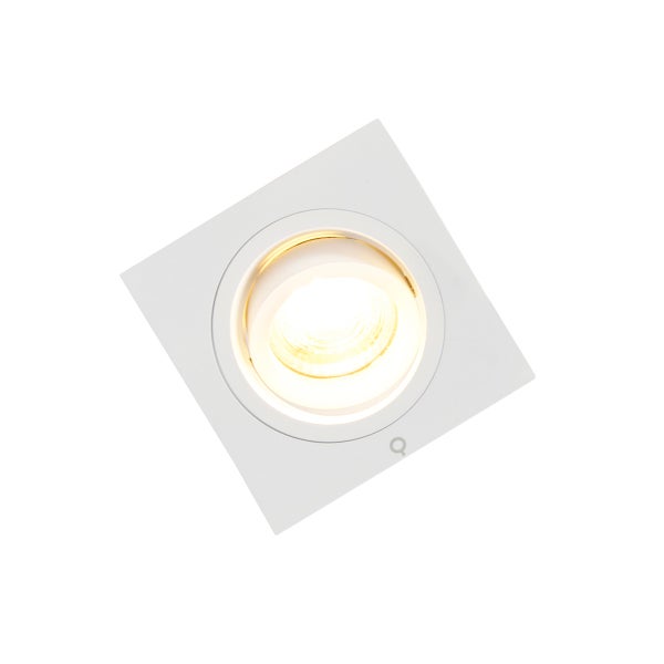 Quadratischer weißer LED-Einbaustrahler mit warmweißem Licht, Paul Neuhaus Logo.