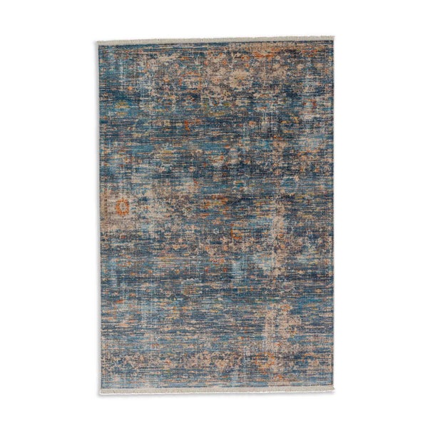 Rechteckiger Kurzflor-Teppich im Vintage-Stil mit abstraktem Muster und Fransen.
