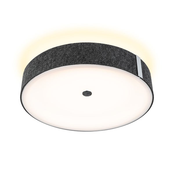 Runde LED-Deckenleuchte mit dunkelgrauem Filzrahmen und weißer Leuchtfläche.