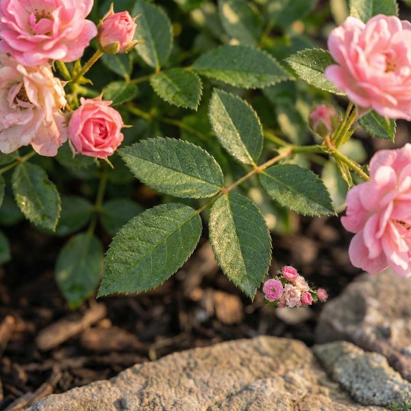 Blühende rosa Bodendeckerrose mit grünen, gezackten Blättern und Knospen in einem Gartenbeet auf Rindenmulch und Steinen.
