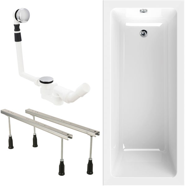 Badewannen-Set bestehend aus einer rechteckigen Badewanne, einer Ab- und Überlaufgarnitur sowie höhenverstellbaren Wannenfüßen.