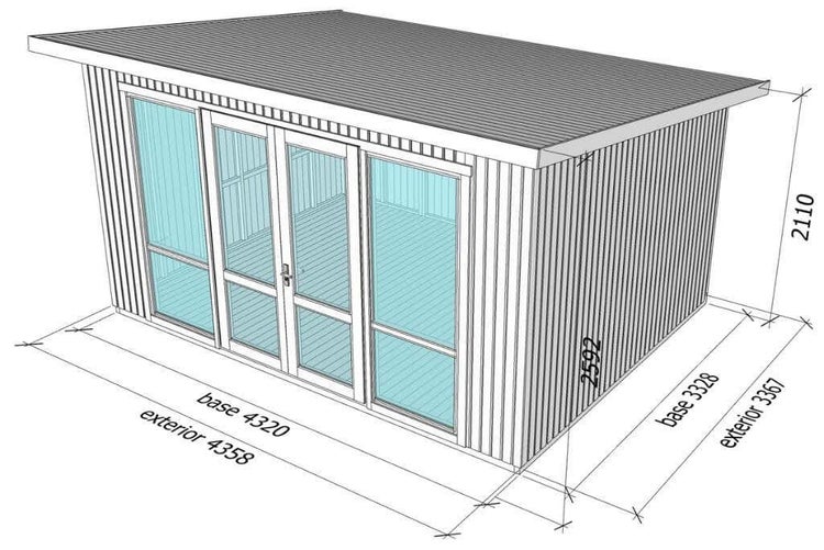 Skizze eines Gartenhauses mit Flachdach, Doppelflügeltür und Fensterfronten inklusive Maßangaben in Millimetern.