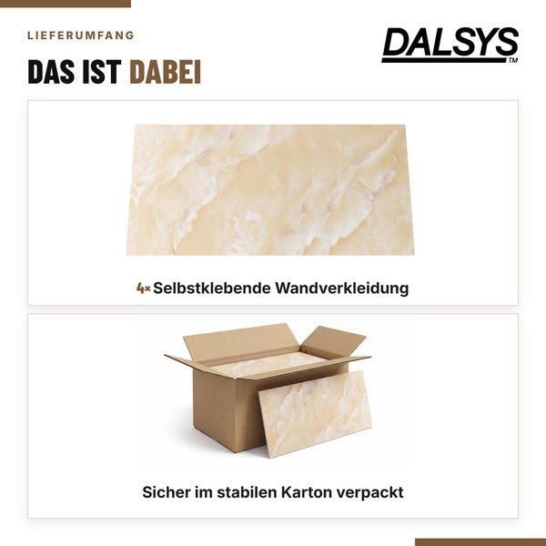 Lieferumfang mit vier selbstklebenden Wandpaneelen in Steinoptik von Dalsys, sicher verpackt in einem stabilen Karton.