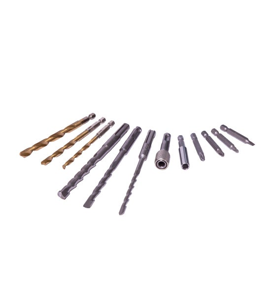 Set aus HSS-Metallbohrern, SDS-Plus-Betonbohrern, Bithaltern und verschiedenen Schrauberbits.
