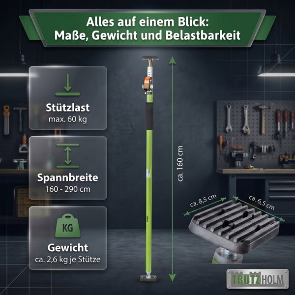 Trutzholm Deckenstütze mit Maßen Stützlast und Spannweite für den Innenausbau in der Werkstatt