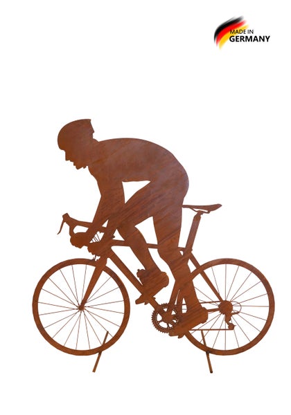 Gartenstecker aus Metall in Edelrost-Optik, Silhouette eines Radfahrers auf einem Rennrad, hergestellt in Deutschland.