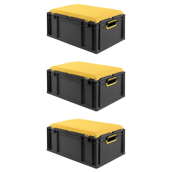 Drei graue Aufbewahrungsboxen mit gelbem Sitzkissen