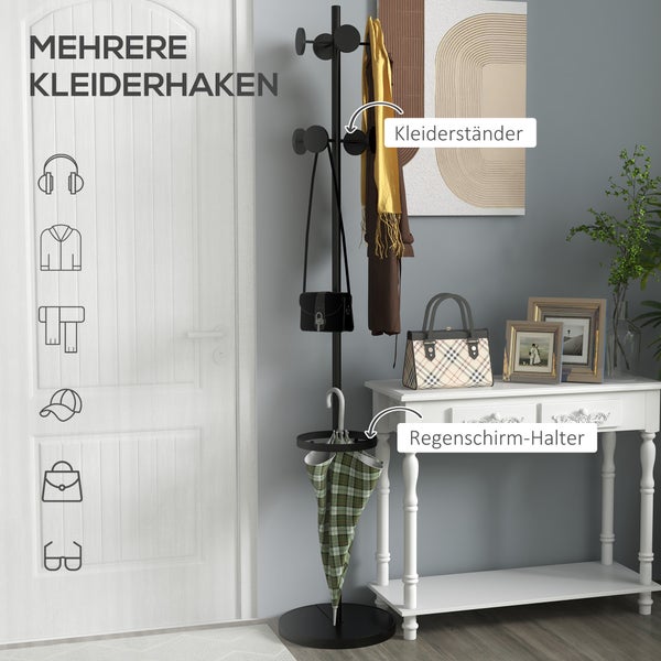 HOMCOM Garderobenständer, Kleiderständer, Garderobe mit 8 Haken, Standgarderob für Hüte, Kleidung, Eingang, Flur, Metall, Walnuss, 34 x 34 x 177cm